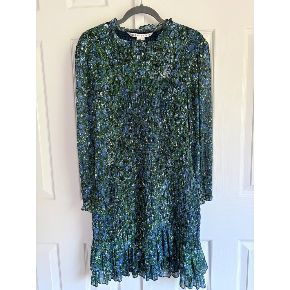 Veronica Beard Farha Mini Dress 10 Blue Green Smocked Botanical Boho - Picture 3 of 8